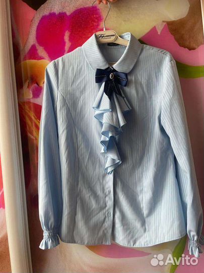 Школьная голубая рубашка для девочек 140