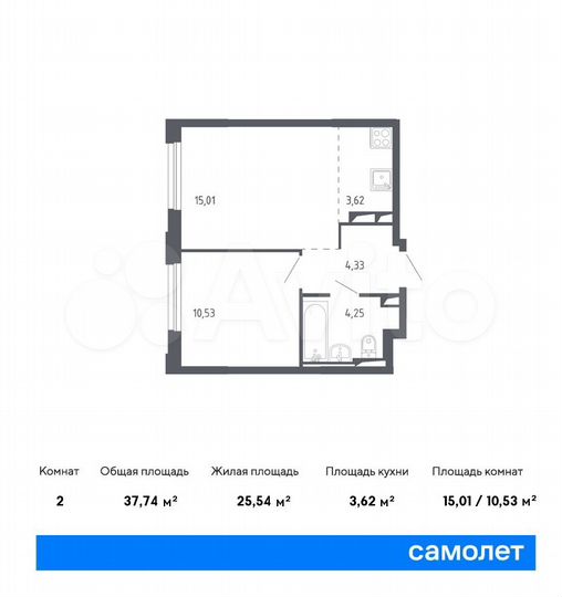 2-к. квартира, 37,7 м², 1/13 эт.