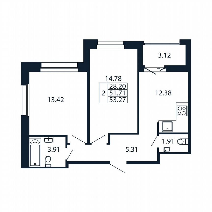 2-к. квартира, 53,3 м², 12/12 эт.