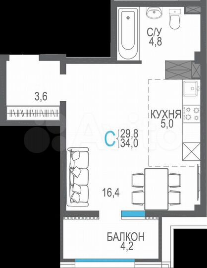 1-к. квартира, 34 м², 7/9 эт.