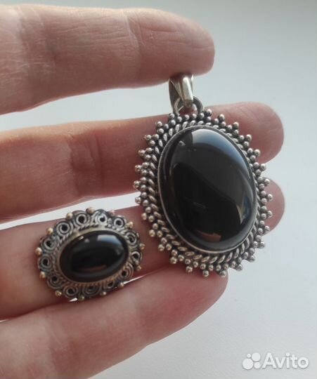 Кулон и кольцо серебро агат