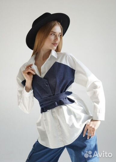 Рубашка с вставкой джинса