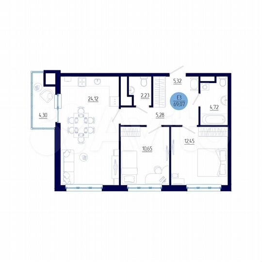 2-к. квартира, 69,1 м², 17/18 эт.