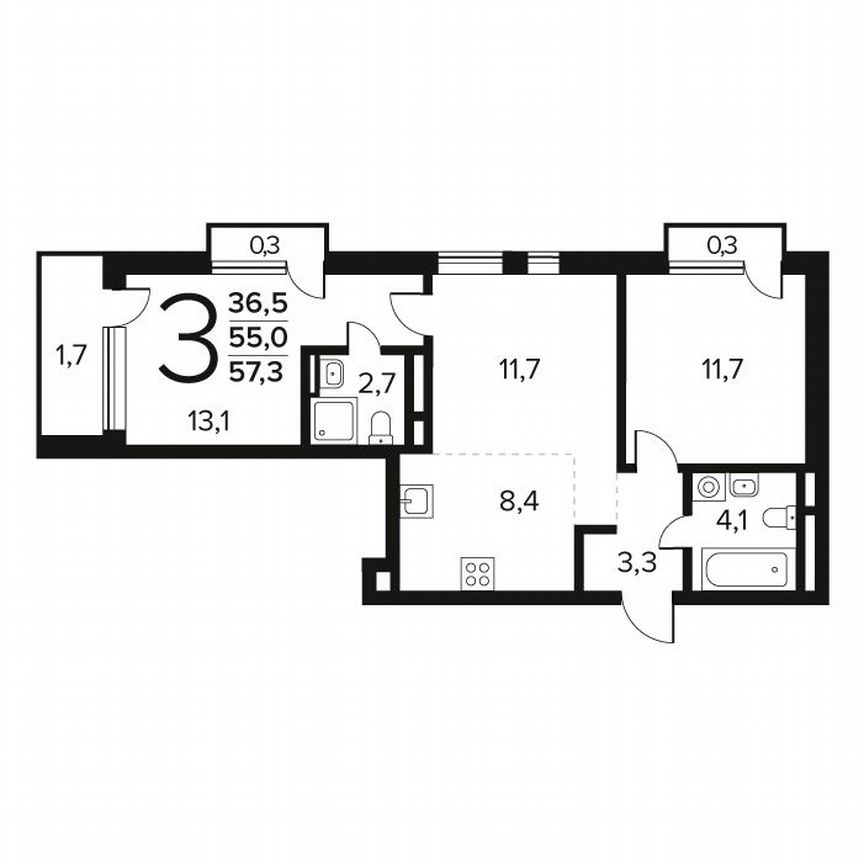 3-к. квартира, 57,3 м², 4/14 эт.