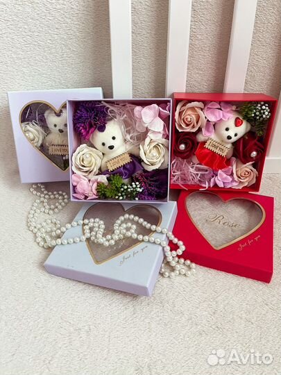 Подарочный набор, мыльные цветы и мишка