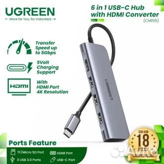 Type-C USB концентратор 1xhdmi, 3xUSB 3.0, SD, TF