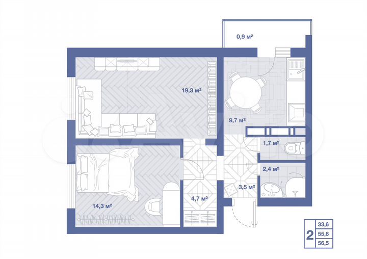 2-к. квартира, 56,5 м², 7/17 эт.