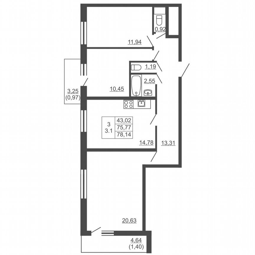 3-к. квартира, 78,1 м², 9/16 эт.