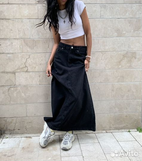 Джинсовая юбка макси черная свободная