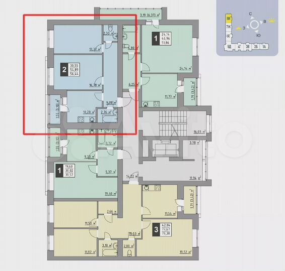 2-к. квартира, 56,4 м², 9/9 эт.