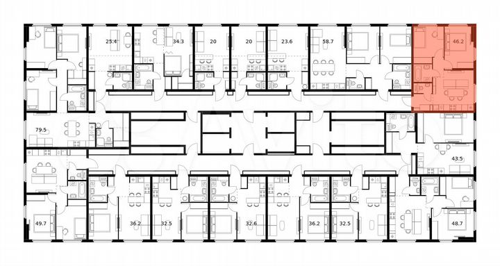 2-к. квартира, 46,2 м², 21/25 эт.