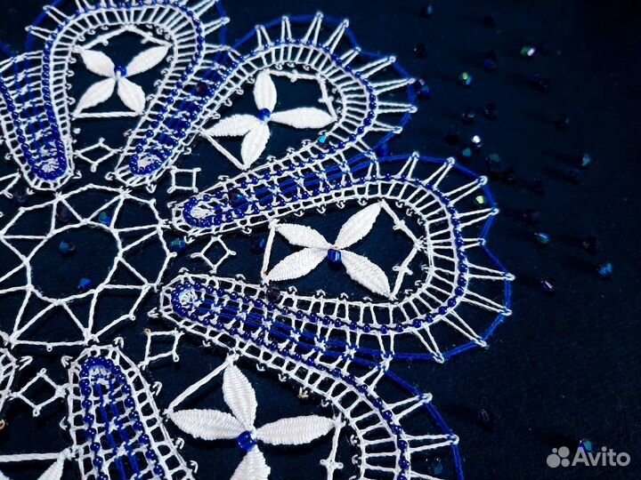 Салфетка, вологодское кружевоплетение с бусинами