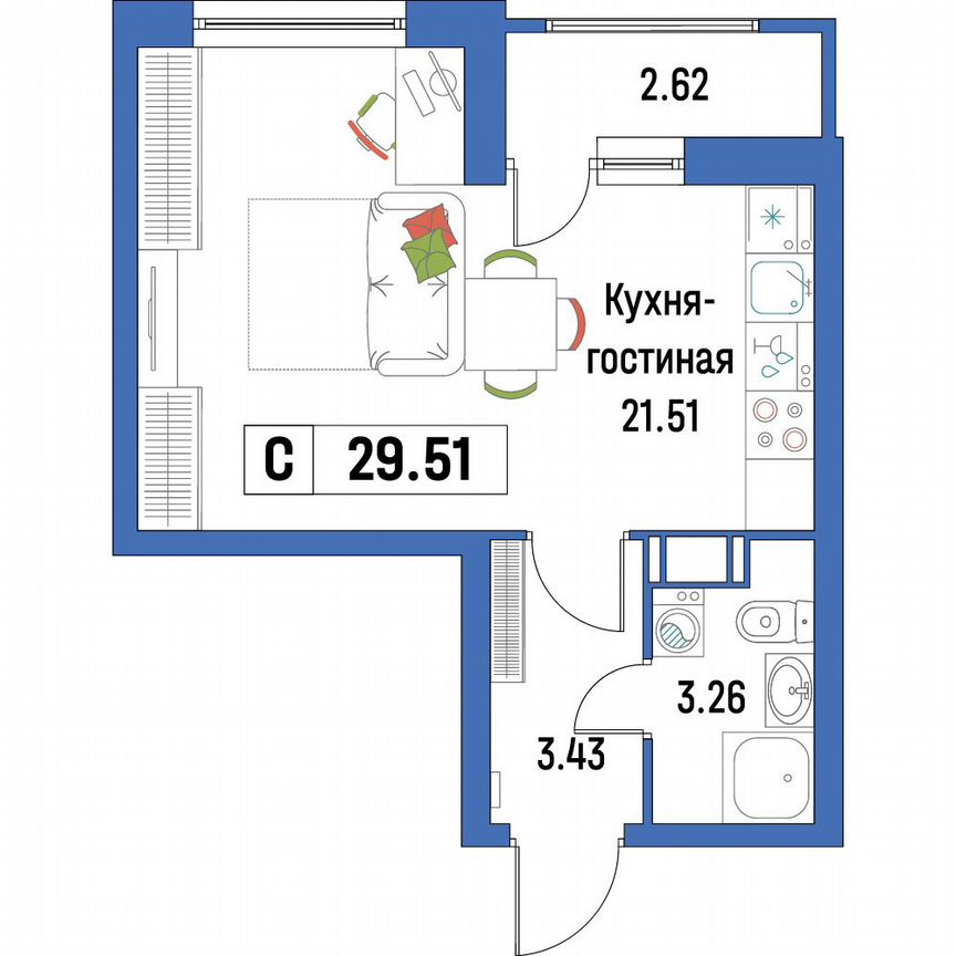 Квартира-студия, 29,5 м², 13/16 эт.