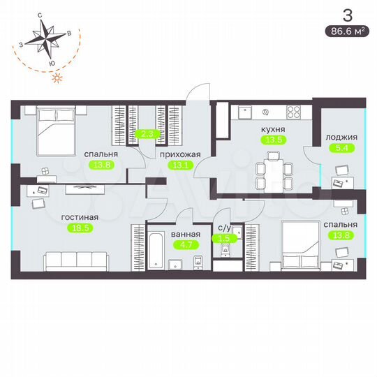 3-к. квартира, 86,8 м², 11/17 эт.