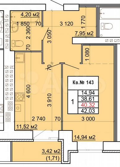 1-к. квартира, 41 м², 8/9 эт.