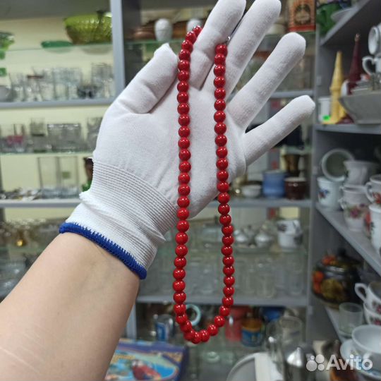 Красные Бусы Ожерелье Прессованный Коралл Винтаж