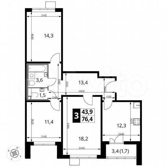 3-к. квартира, 76,4 м², 19/24 эт.