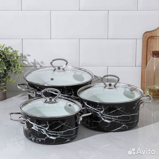 Набор кастрюль 'Черный мрамор-1-элит', 3 предмета