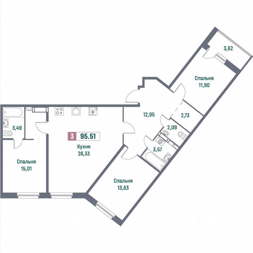 3-к. квартира, 95,5 м², 3/16 эт.