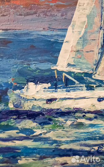 Картина яхта парусник Этюд закат Морской пейзаж