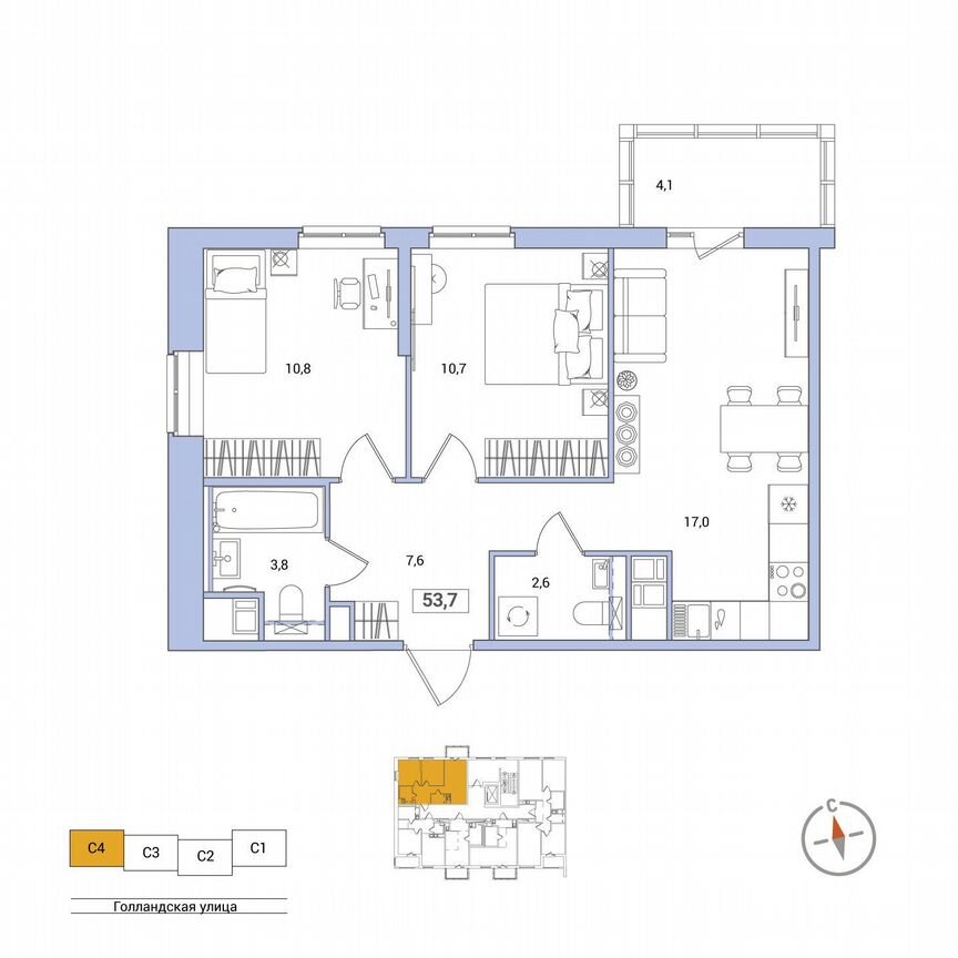 2-к. квартира, 53,7 м², 2/11 эт.