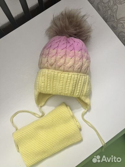 Комплект шапка, шарф снуд, воротник енот