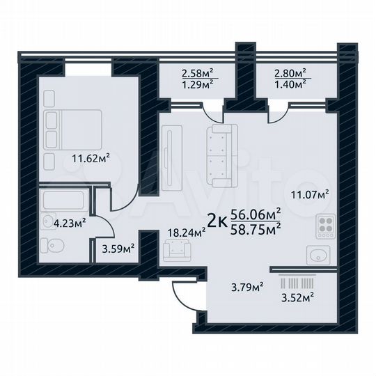 2-к. квартира, 58,8 м², 5/10 эт.