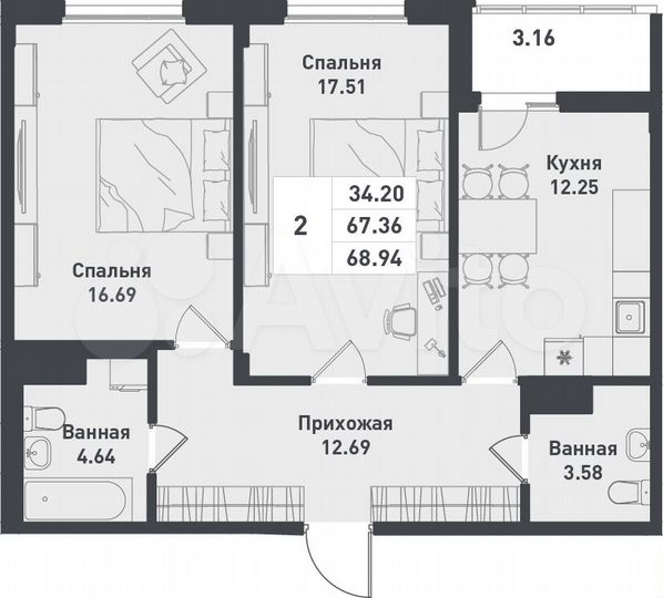 2-к. квартира, 68,9 м², 11/12 эт.