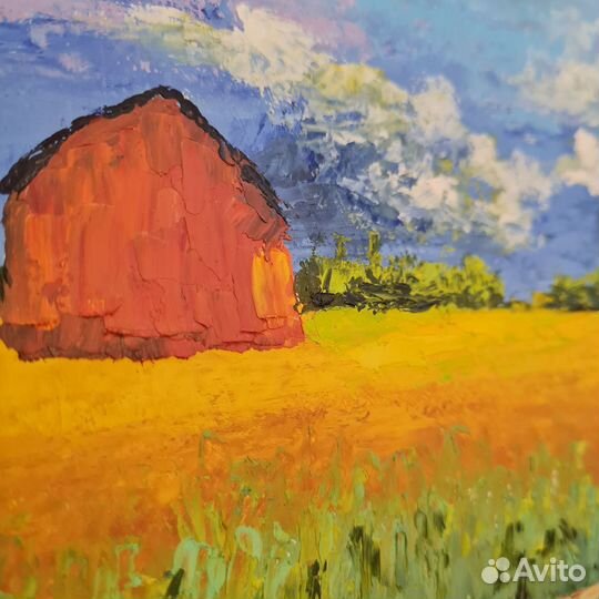 Картина маслом сельский пейзаж с красным амбаром