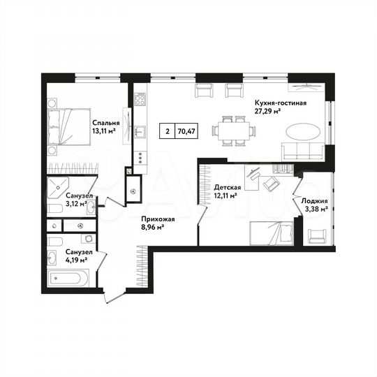 2-к. квартира, 70,5 м², 8/25 эт.