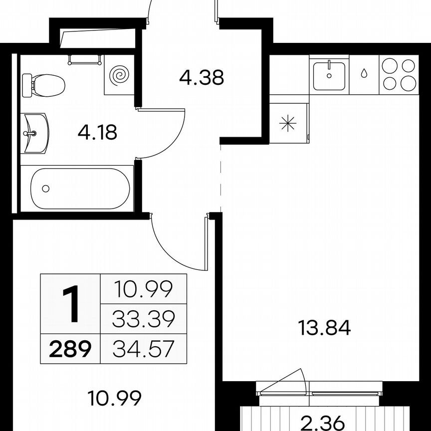 1-к. квартира, 34,6 м², 2/9 эт.