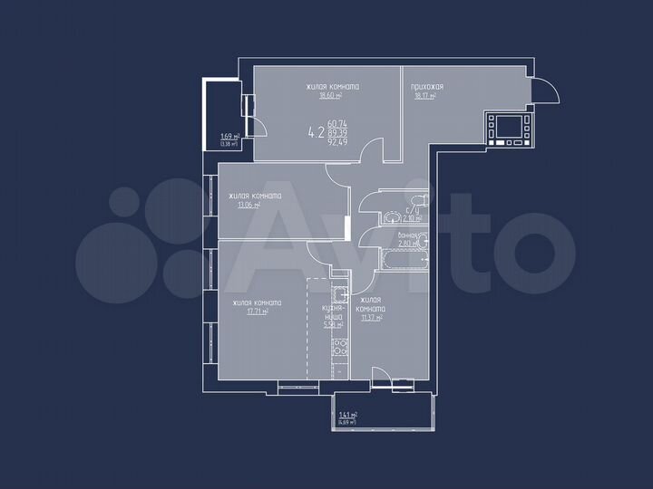 4-к. квартира, 92,3 м², 3/6 эт.