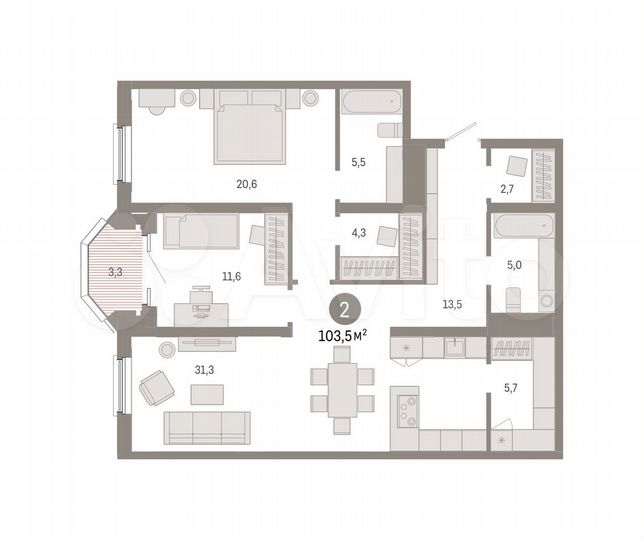 2-к. квартира, 103,5 м², 7/16 эт.