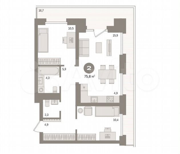 2-к. квартира, 75,8 м², 5/9 эт.