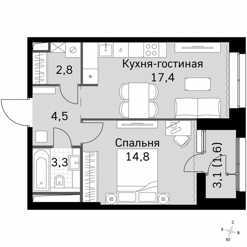 1-к. квартира, 44,5 м², 4/4 эт.