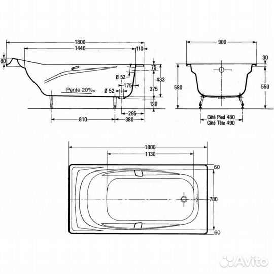 Чугунная ванна Jacob Delafon Super Repos 180x90 E