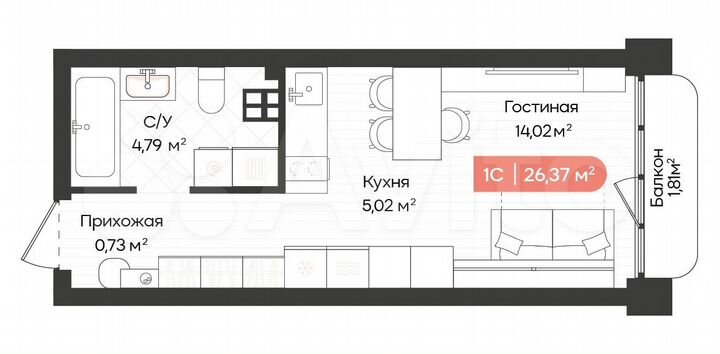 Квартира-студия, 26,4 м², 4/20 эт.