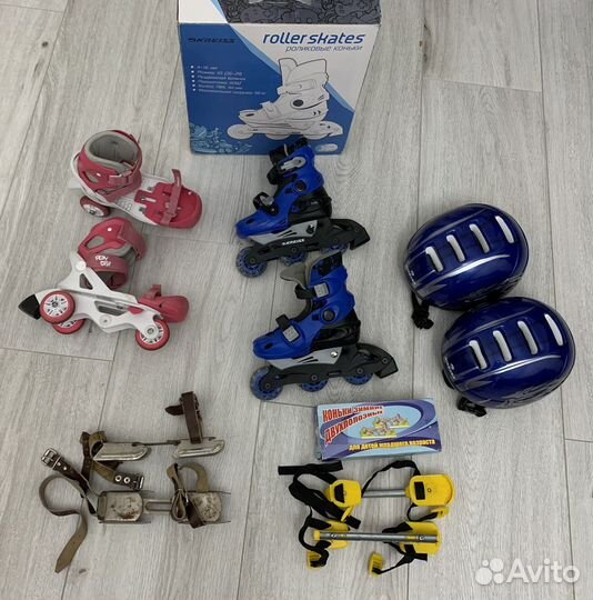 Коньки раздвижные, на ботинки, двуполозные, шлем s