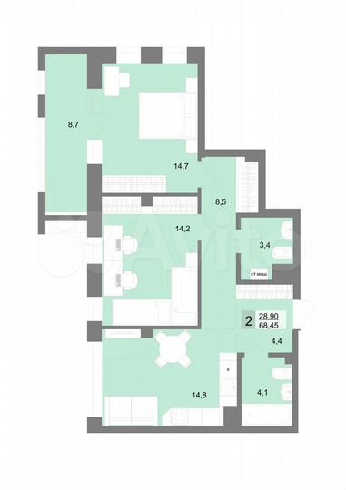 2-к. квартира, 66,1 м², 10/31 эт.