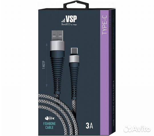 Дата-кабель borasco USB - Type C, 3А, 1м, Fishbone