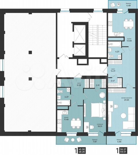 1-к. квартира, 48,3 м², 12/13 эт.