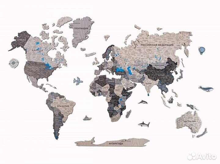Деревянная карта мира из дерева настенная, Химки
