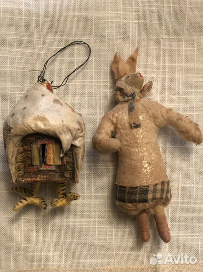 Ватные елочные игрушки СССР. Избушка и Зайчиха