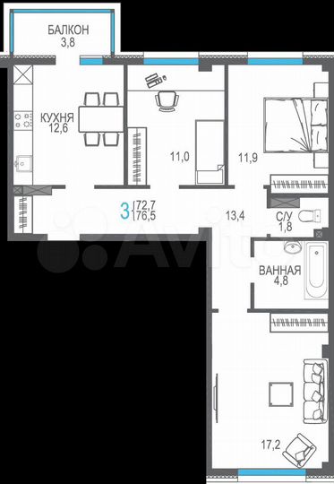 3-к. квартира, 76,5 м², 4/9 эт.