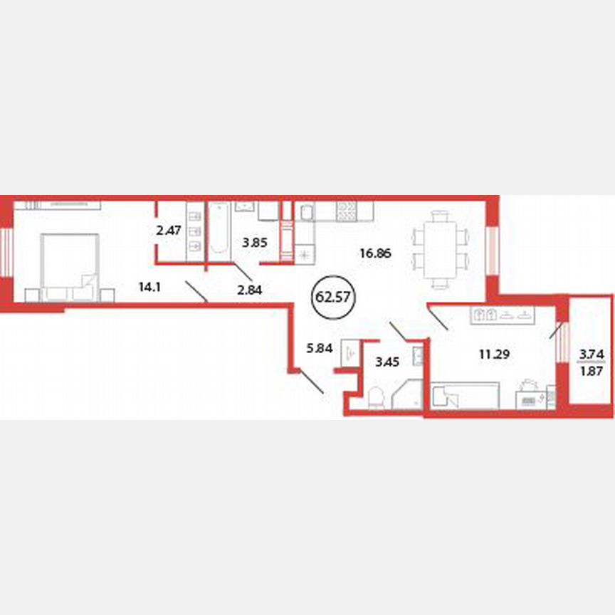 2-к. квартира, 62,6 м², 3/12 эт.