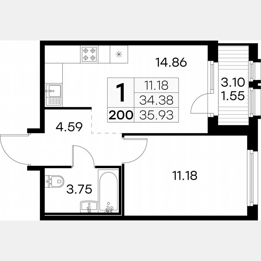 1-к. квартира, 35,9 м², 7/15 эт.