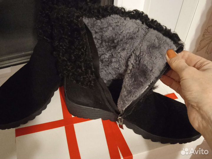 Сапоги женские зима замшевые, оторочка каракуль