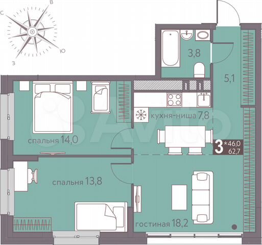 3-к. квартира, 62,7 м², 8/16 эт.