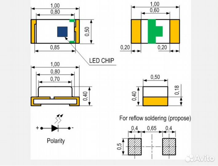 Светодиод LED SMD 0402, зеленый (2.7V 20mA) 100 шт