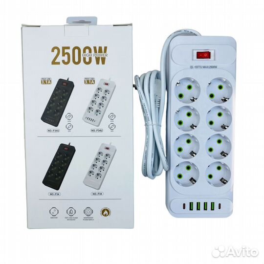 Сетевой фильтр удлинитель 8 розеток 4 USB 2 Type-С
